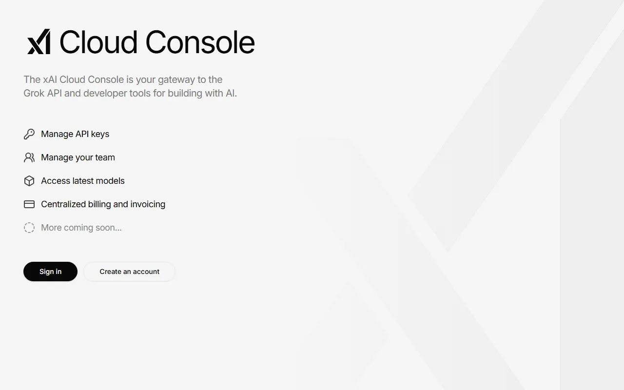 xAI Grok Consoleのスクリーンショット